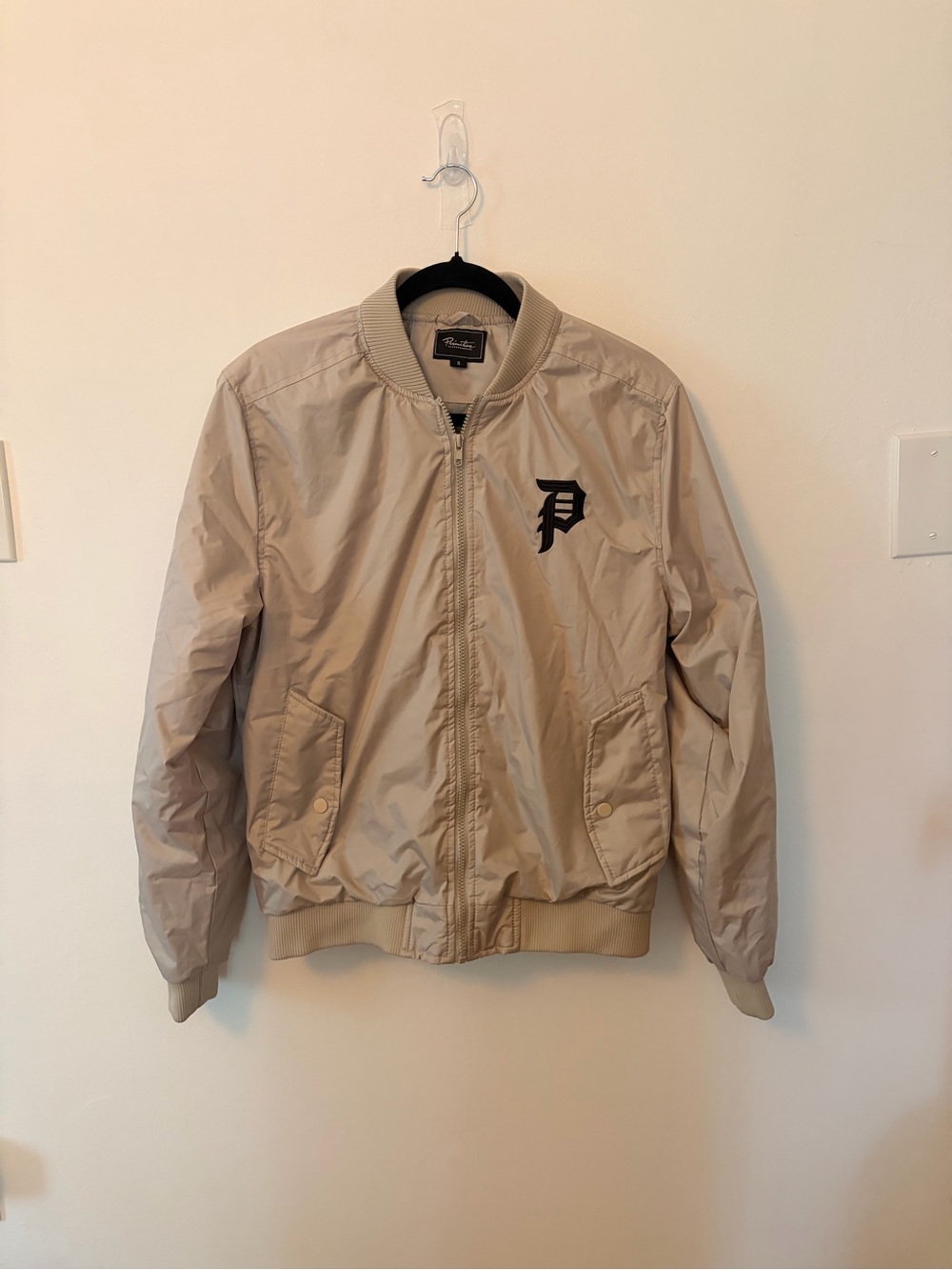 Primitive Beige Bomber Jacket with Black 'P' Chest Logo size S